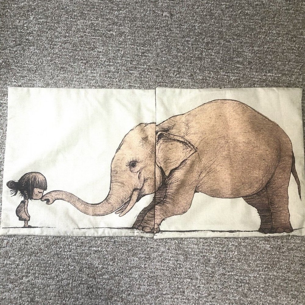 Square Pillow Case Covers Elephant & Girl Continuous 2-Part Image Design 16"X16"